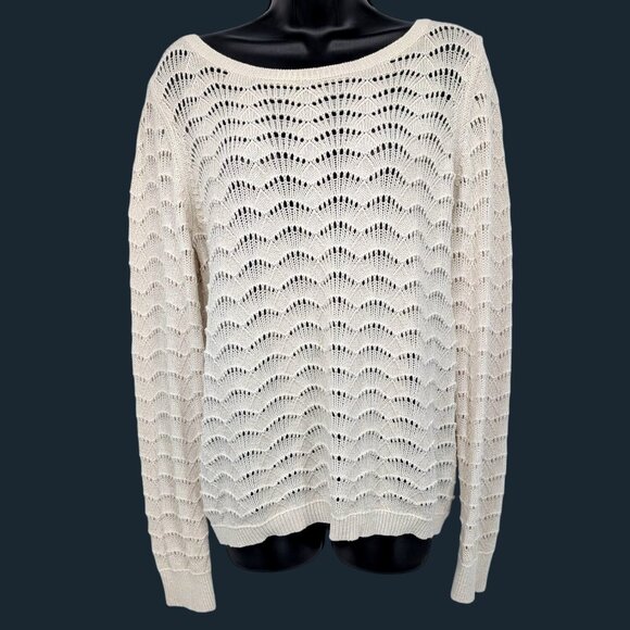 LOFT Open Back Knit Sweater Size L Pullover Scalloped Romantic Coquette Feminine - Picture 2 of 10